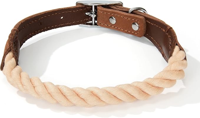 Mile High Life Genuine Leather Dog Collar, Durable Braided Cotton Rope Collar with Metal Pin Buckle for Small Medium Large Dogs (Light Brown, S Neck 11"-15")