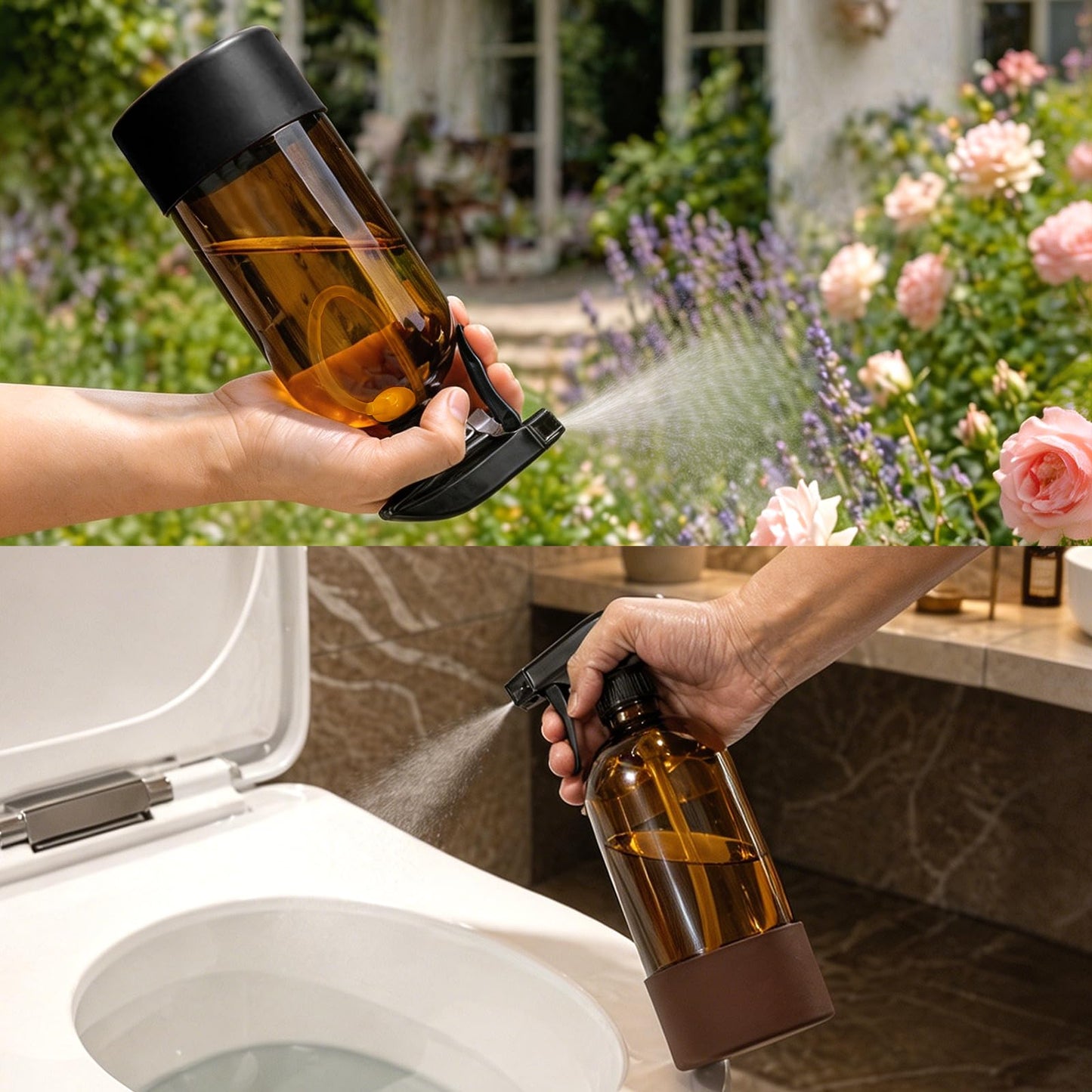 CHEODIN 360° Glass Spray Bottles 16 oz for Hair Cleaning with Silicone Sleeve, 2 Pack Amber Refillable Containers with Adjustable Spray Nozzles, Empty Spray Bottles for Plant Amber