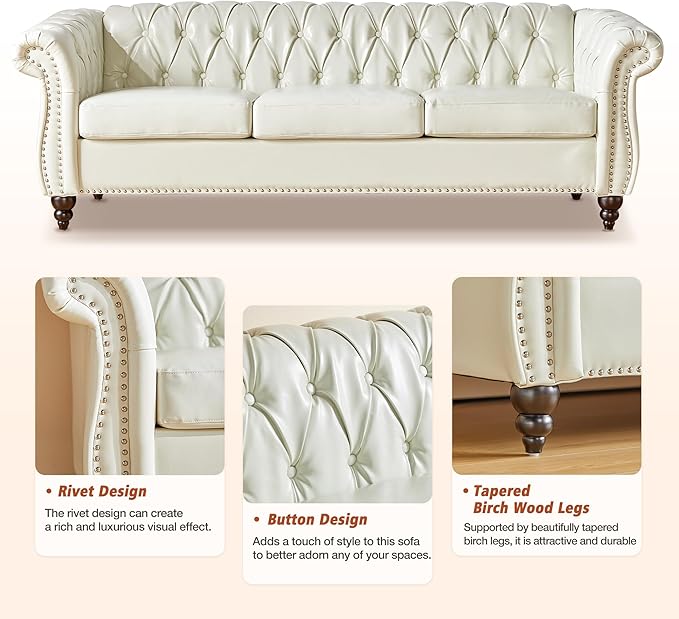 ORRD 2 Piece Living Room Set, Chesterfield Faux Leather Sofa Loveseat Couch