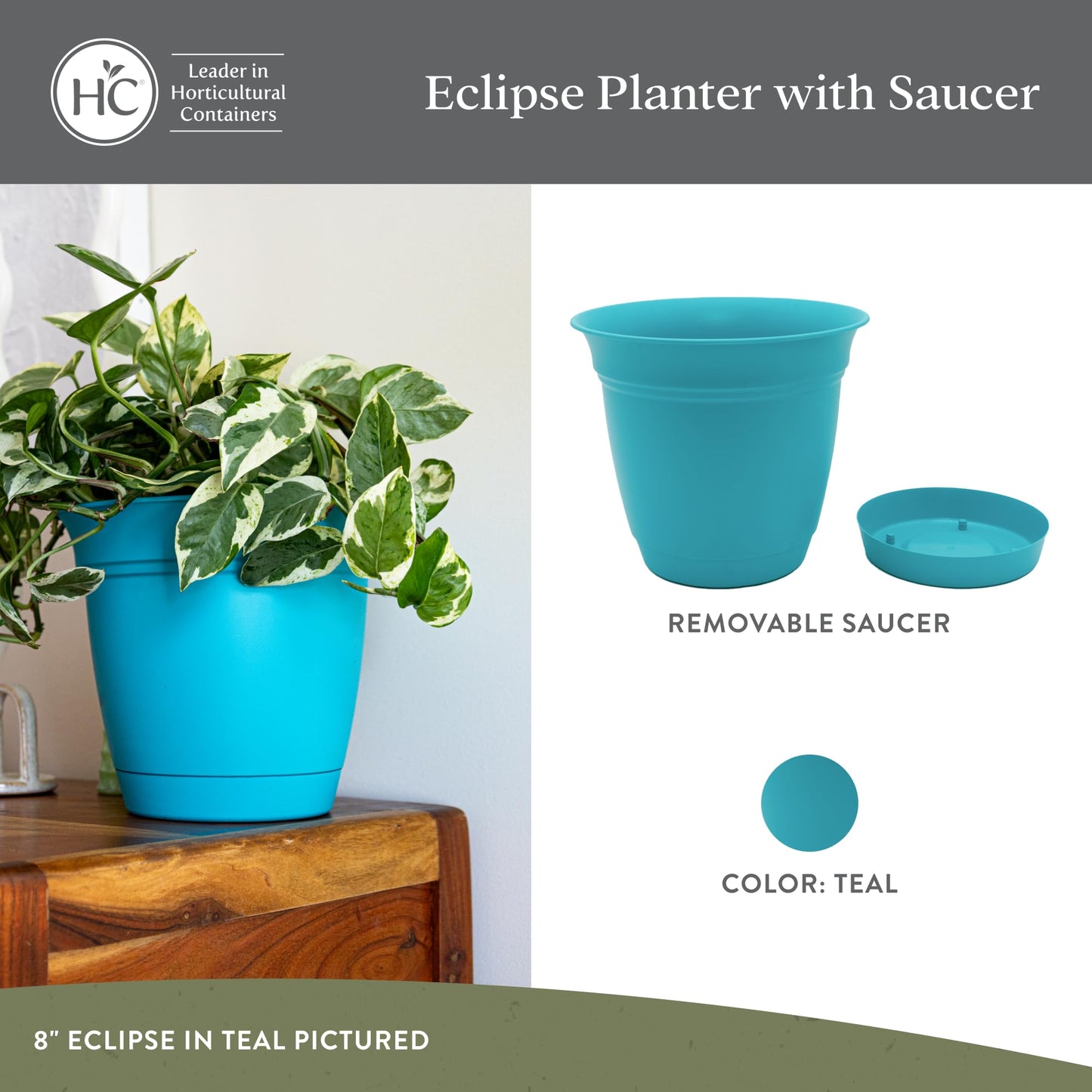 The HC Companies Eclipse Round Planter With Saucer - Outdoor & Indoor Plant Pot with Drainage Holes - Lightweight, UV-Resistant Plastic Pots For Plants, Flowers & Herbs (12" Teal, Pack of 1)