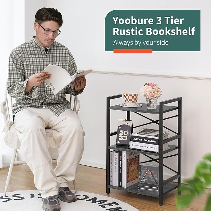 Yoobure Bookshelf Small Book Shelf, Solid Industrial 3 Tier Shelf Bookcase