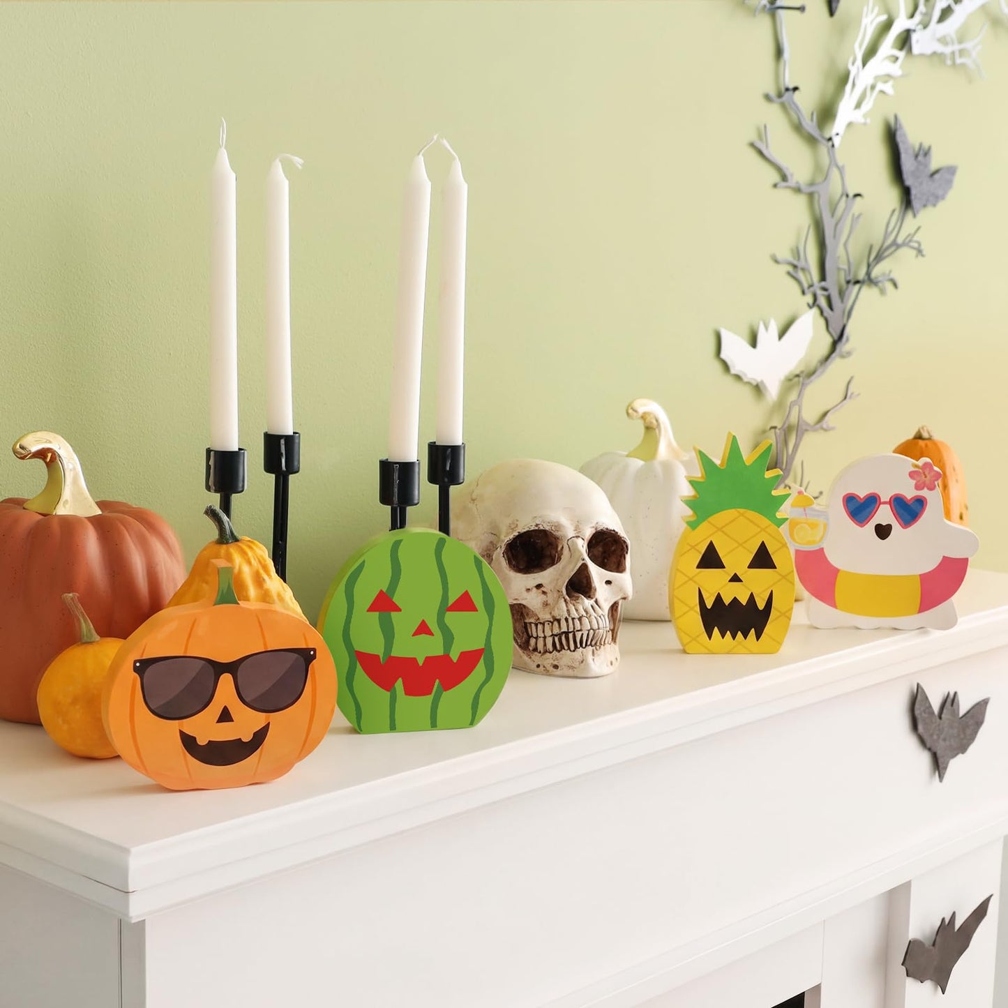 Kathfly 4 Pcs Summer Tiered Tray Decor Tropical Wooden Table Signs Spring Hawaii Ghost Pumpkin Watermelon Pineapple Decorative Trays for Halloween in Summer Shelf Desk Display Party Gifts