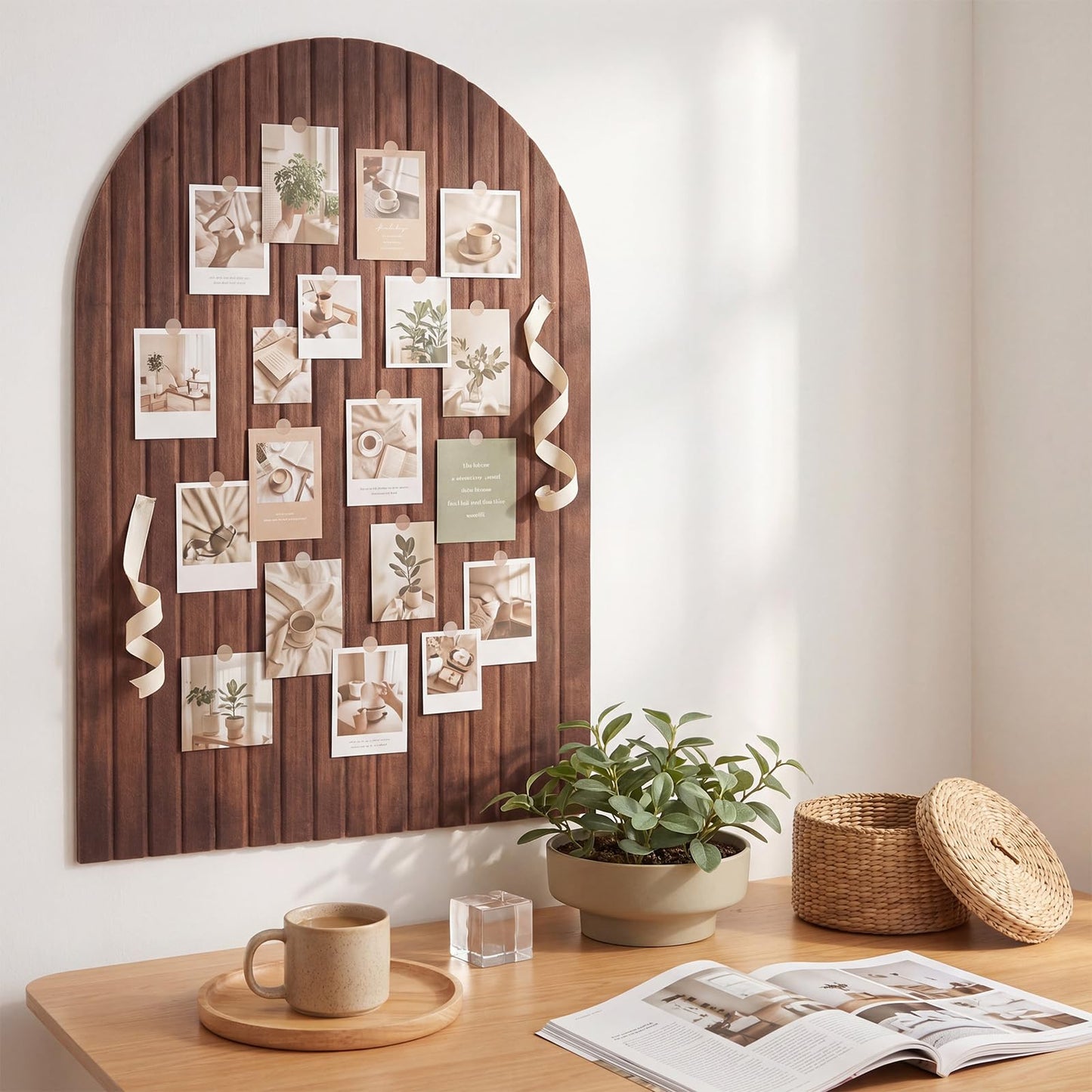 Mindsoft 1 Pcs 35" x 24" Large Integrated Arched Felt Bulletin Board - Foldable Cork Board Alternative - No Assembly Wall Decor for Office, Bedroom & Home Display Photos (Walnut)