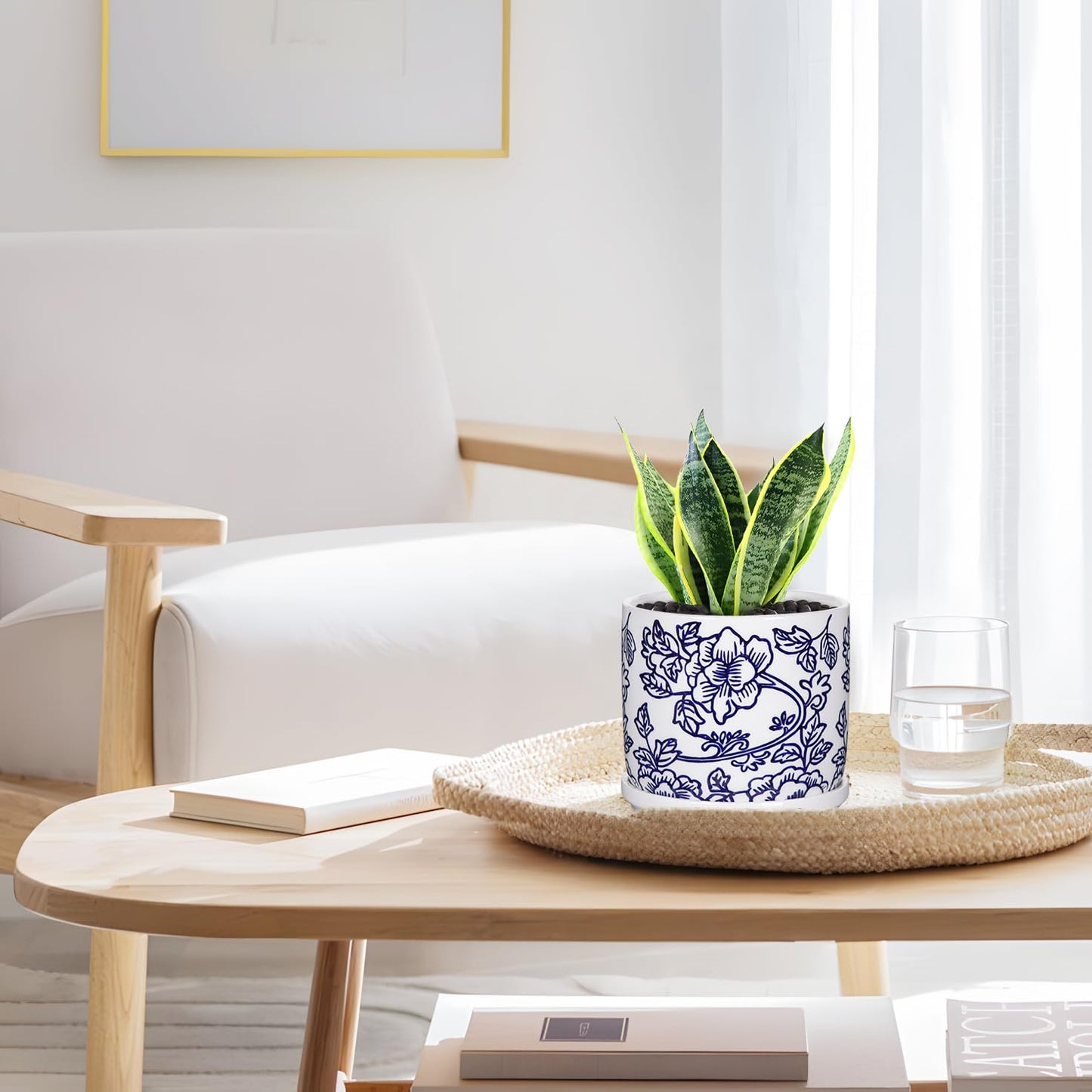 Set of 2 Blue and White Ceramic Plant Pots with Drainage Hole and Saucers, Retro Blue Porcelain Flowers Round Planters for Succulent Cactus Indoor Outdoor Garden Home Desktop Decor, 4.5+5.5 Inch