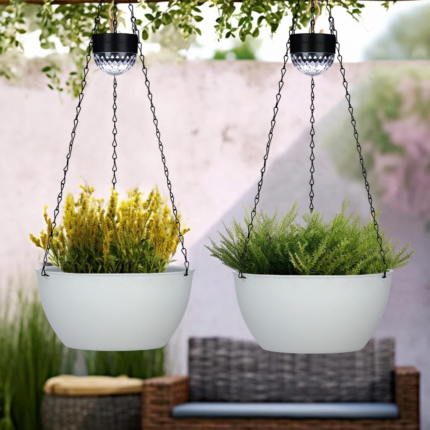 SUNNYPARK 2 Packs Hanging Planters Basket for Outdoor Plants, Solar Powered Self Watering White Round Plastic Flower Pots with Drainer for Balcony Patio Garden Outdoor Decoration