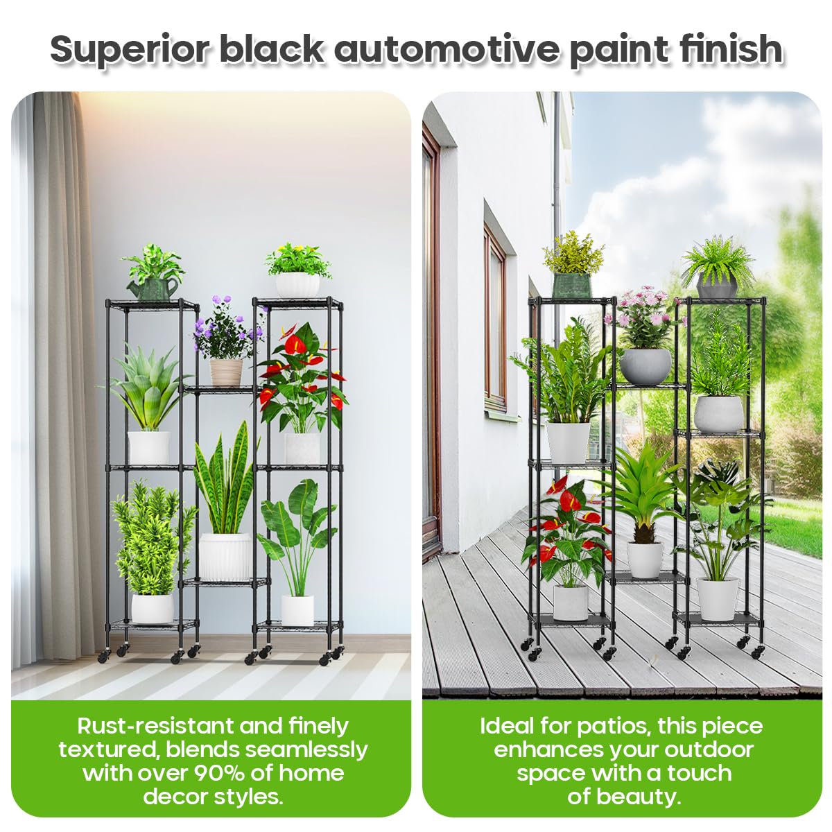 Abimars 59'' Plant Stand with Wheels, Shelf Height Adjustable Metal Plant Shelf for 8 Potted Plants, DIY Assembly Indoor & Outdoor Plant Display Rack