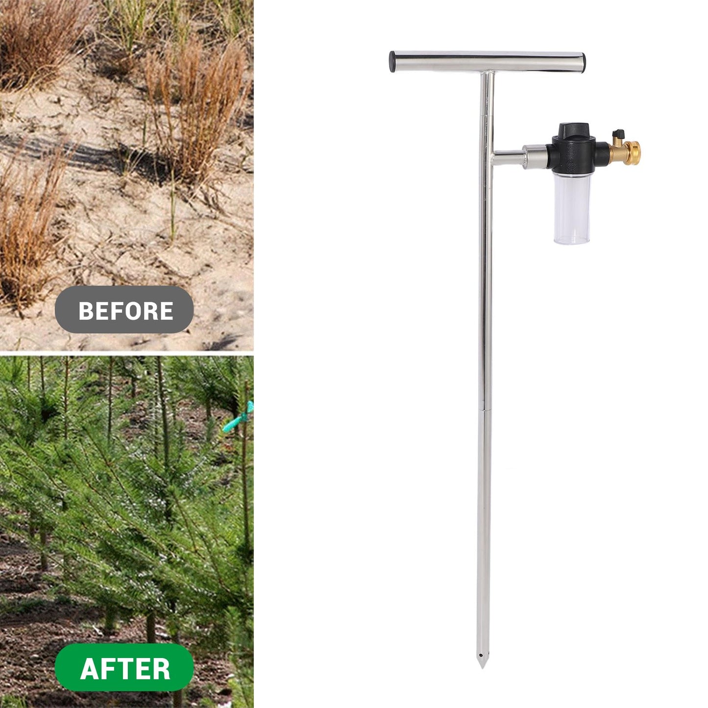 Deep Root Watering Tool, Stainless Steel Root Feeder with Fertilizer Bottle Watering Wand Irrigation System Watering Stake for Trees Bushes Shrubs with Brass Valve T Handle