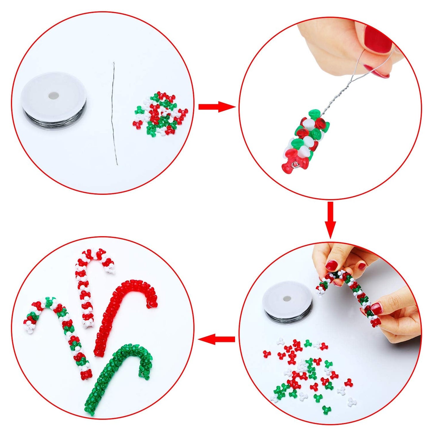 Christmas Tri Beads, Holiday Beaded Ornaments Candy Cane Ornament Craft Kit, Including 0.38 Inch Plastic Tri Beads and Beading Wirefor Christmas Tree Decoration(1600)