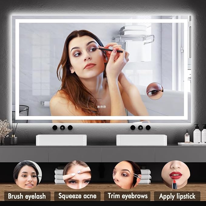 60 x 36 Inch Smart LED Bathroom Mirror，Dimmable Front + Backlit Illumination