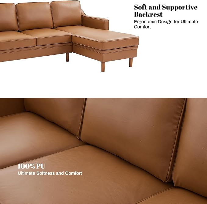 Kingfun 88" L-Shape Sofa, Faxu Leather Sectional Couch, Mid Century Modern
