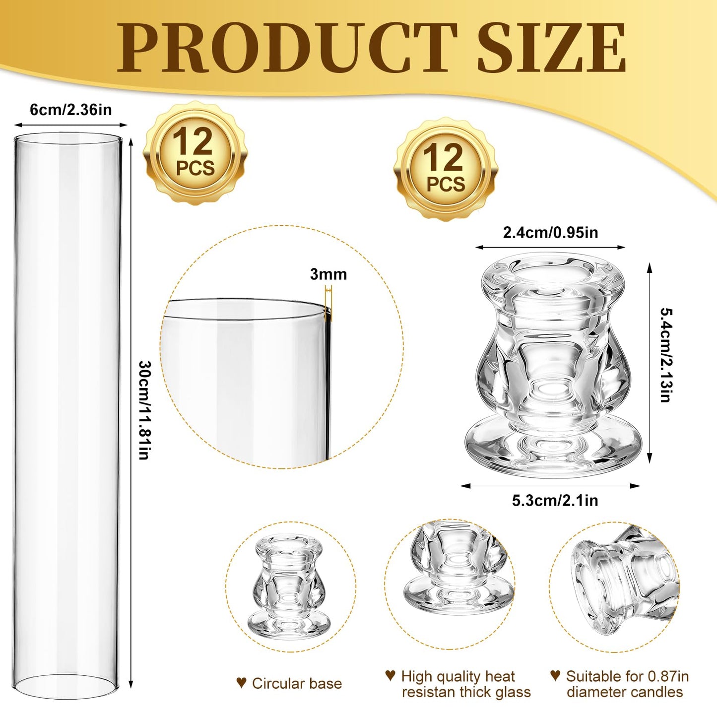 12 Set Glass Hurricane Candle Holders 11.8" Open Ended Glass Candleholder Tube Shape Bottomless and 2.1" Taper Clear Candlestick Holder Bulk for Table Centerpiece Wedding Party Home Decor (12, Clear)