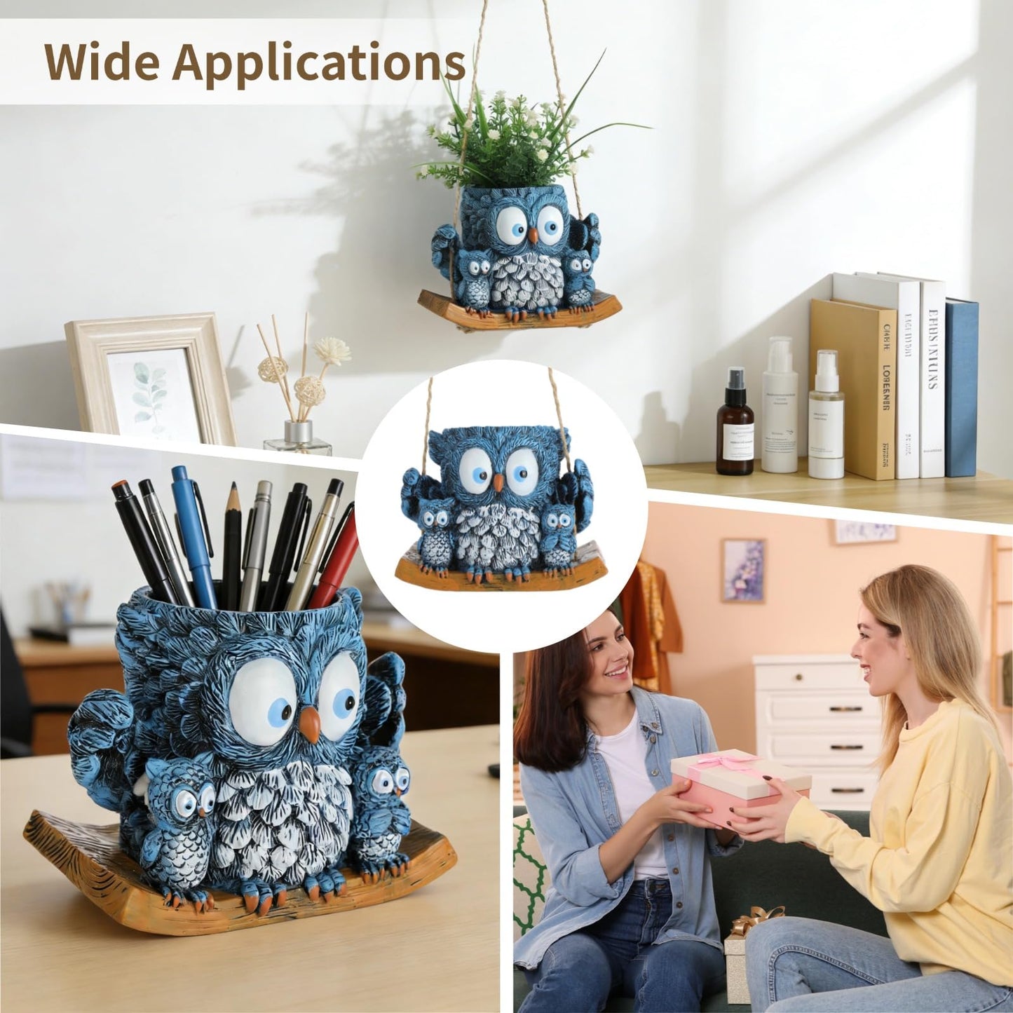 White Owl Family Hanging Flower Pot with Wooden Base, Cute Desktop Decor Ceramic Planter for Indoor Succulent Plants, Unique Hanging Bird Nest Pottery for Home Garden Wall Decor