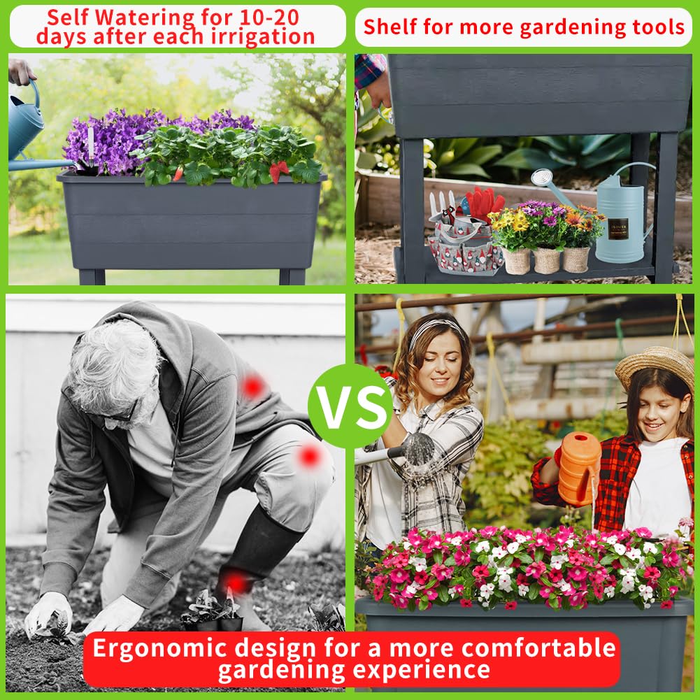 Megawodar 3 Pcs Self Watering Elevated Raised Garden Bed, Large Outdoor Plastic Planter Box Big Flower Plant Pot for Planting Flowers Vegetables and Herbs (3, Dark Grey)