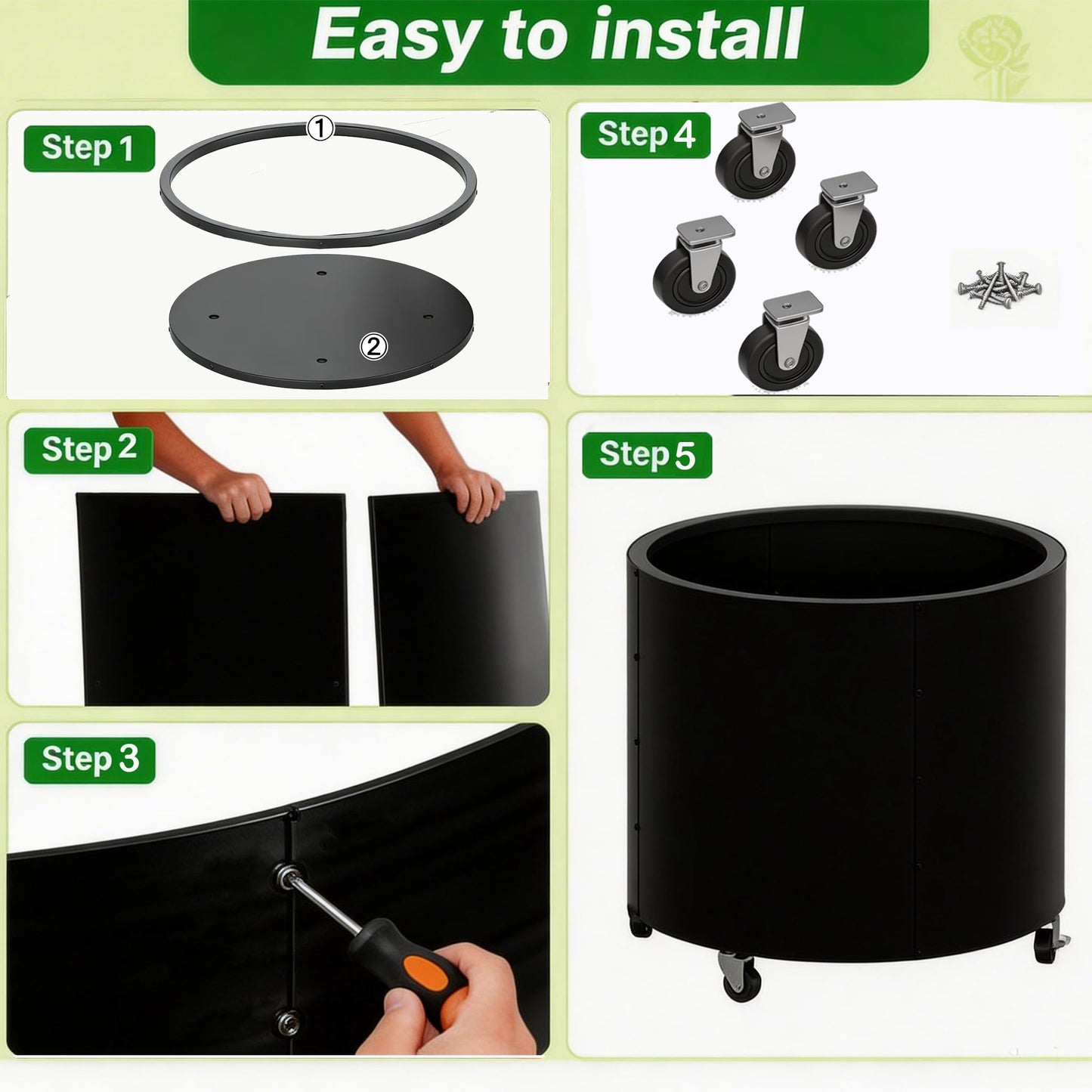 2 Pcs Round Metal Planters for Outdoor Plants on Wheels,22" Tall Planters Pots with Drainage Holes for Citrus Trees Vegetables, Morden Large Raise Planter Box for Commercial Patio Porch,Black