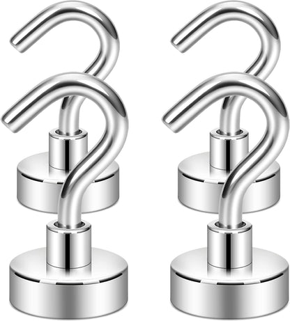 Neosmuk Magnetic Hooks,30lb Heavy Duty Earth Magnets with Hook for Refrigerator, Extra Strong Cruise Hook for Hanging, Magnetic Hanger for Cabins, Grill (Silvery White, Pack of 4)