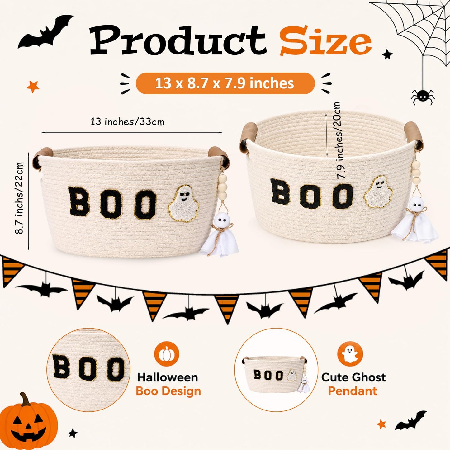 Acellegic Halloween Woven Rope Basket 13 x 8.7 x 7.9 Inch BOO Ghost Decorative Storage Basket with Ghost Pendant Halloween Candy Bowl Trick or Treat Bucket Party Favors for Home Nursery Organizer