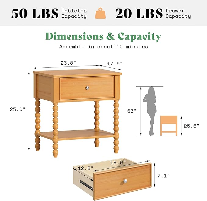 AMERLIFE 24" Wood Nightstand Set of 2, Vintage Bedside Table