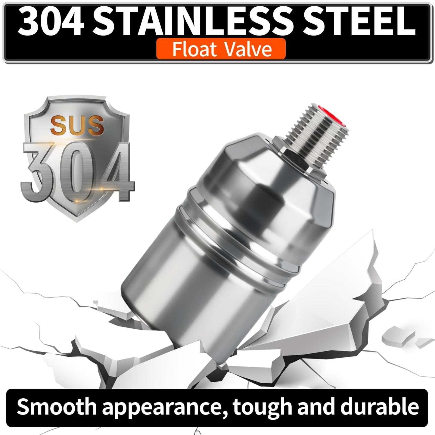 1/2“ 304 Stainless Steel Automatic Water Level Control Float Valve for Water Tank, Cattle Trough, Pools, Livestock (With Elbow, Metal Clip, 1/2" to 3/4" adapter) (3-Pcak)