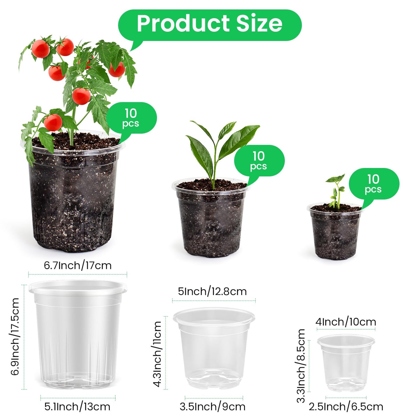Bluepro 30 Packs 7/5/4 Inch Reinforced Clear Nursery Pots with Drainage Hole, Transparent Variety Pack Plastic Plant Pot Seedling Planter for Vegetable Propagation, Root Cutting, Seed Starting