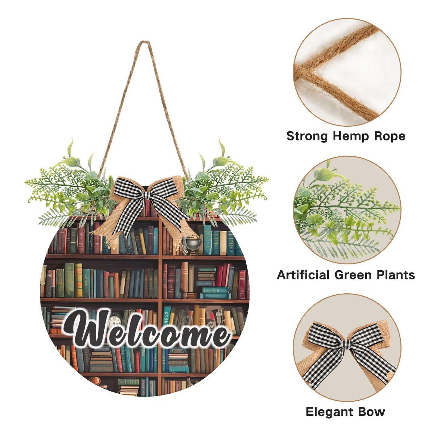 YETTASBIN Welcome Sign Library Bookshelf Front Door Sign, Waterproof Wall Hanging Plaque Decorative Porch Wreath for Housewarming, Farmhouse Yard Garden Home Holiday Decor, 12 x 12 Inch