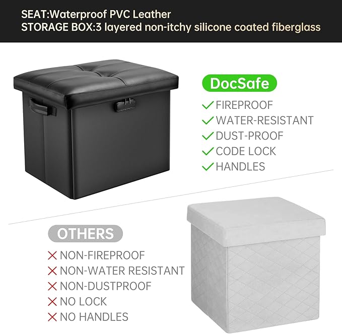 DocSafe Storage Ottoman with Lock, Fireproof Folding Ottoman Foot Rest Stool