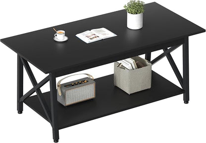 GreenForest Coffee Table with Storage, 43 inch Large Modern Coffee Tables for Living Room, X-Frame Design Farmhouse Coffee Table Space Saving Living Room Tables, Easy Assembly, Black