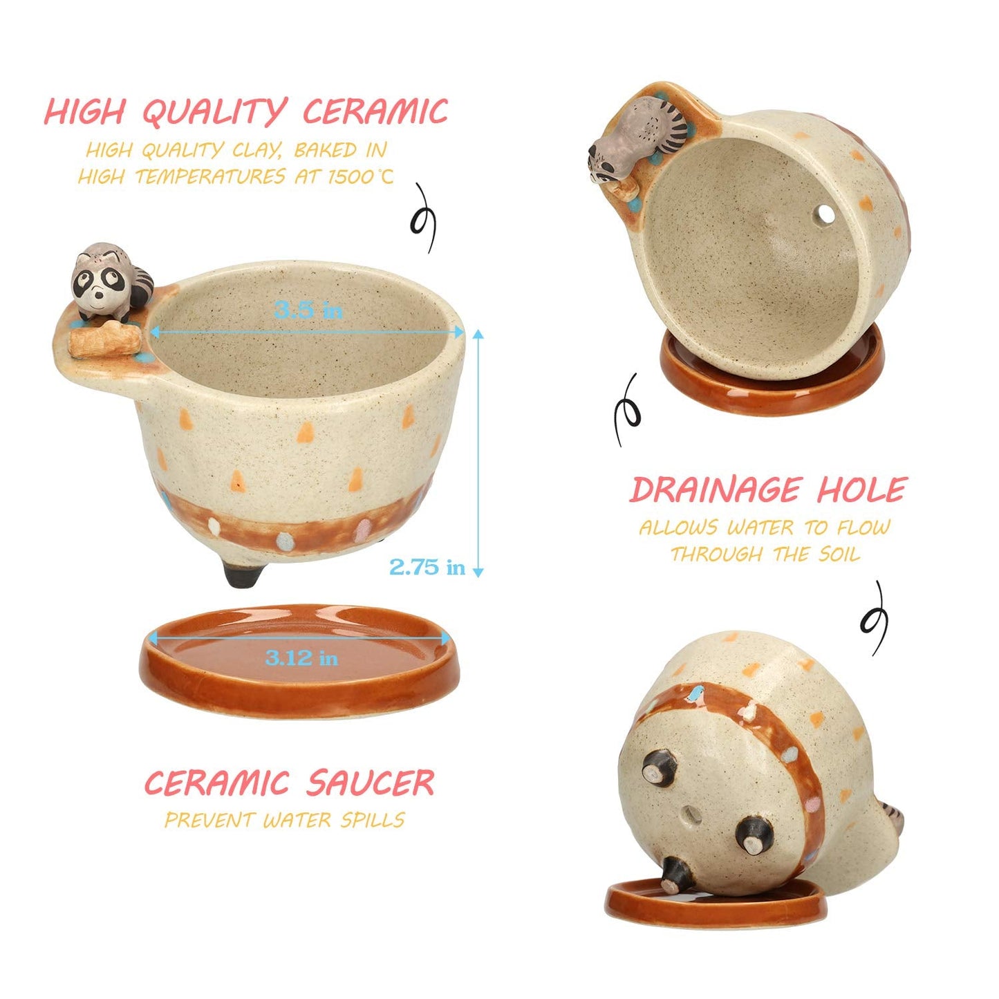 MAKOLO Ceramic Succulent Planter Small Pot with Drainage Hole and Tray for Cactus Flower Plant Container Shelf Home Office Desk Decoration (Raccoon)