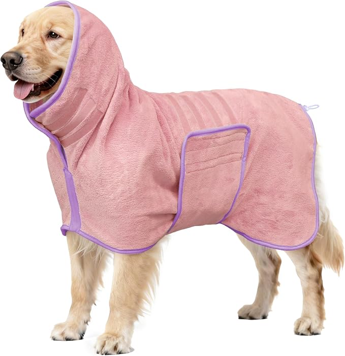 Soft Dog Bathrobe Fast Drying Dog Coat, Super Absorbent Dog Towels for After Bath, Microfiber Pet Robe Adjustable Collar & Belly Warm Keeping Dogs Coat for Pet Dogs & Cats (Pink, Large)