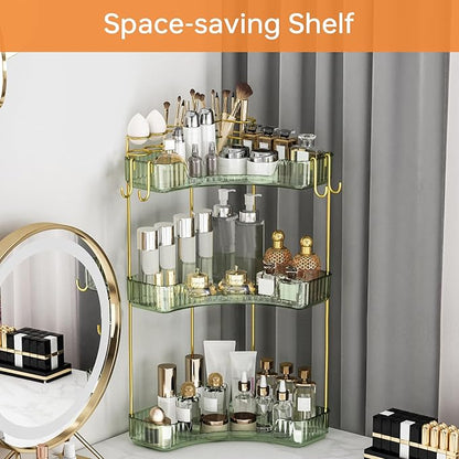 3-Tier Corner Bathroom Counter Organizer，Makeup & Skincare Shelf with Built-in Brush Holder，Space-Saving Bathroom Countertop Organizer for Skincare, Perfume, Cosmetics(Green)