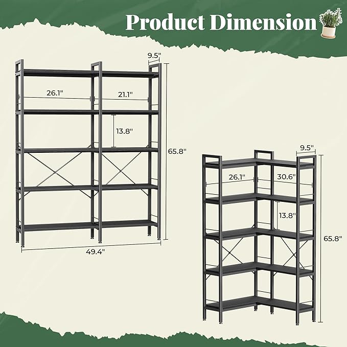 Huuger 5 Tier Bookshelf, L Shaped Corner Bookshelf