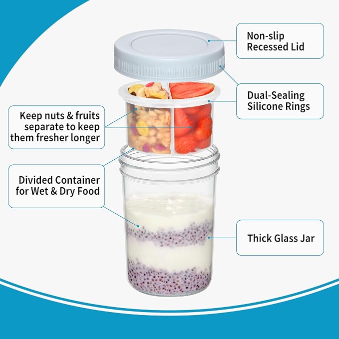 Xyptorix 16 oz Overnight Oats Containers with Airtight Lids - 2-Pack Leak-Proof Wide Mouth Mason Jars & Divided Cups for Dried and Wet Foods, Glass Jars for Chia Pudding, Salad, Snacks, and Yogurt