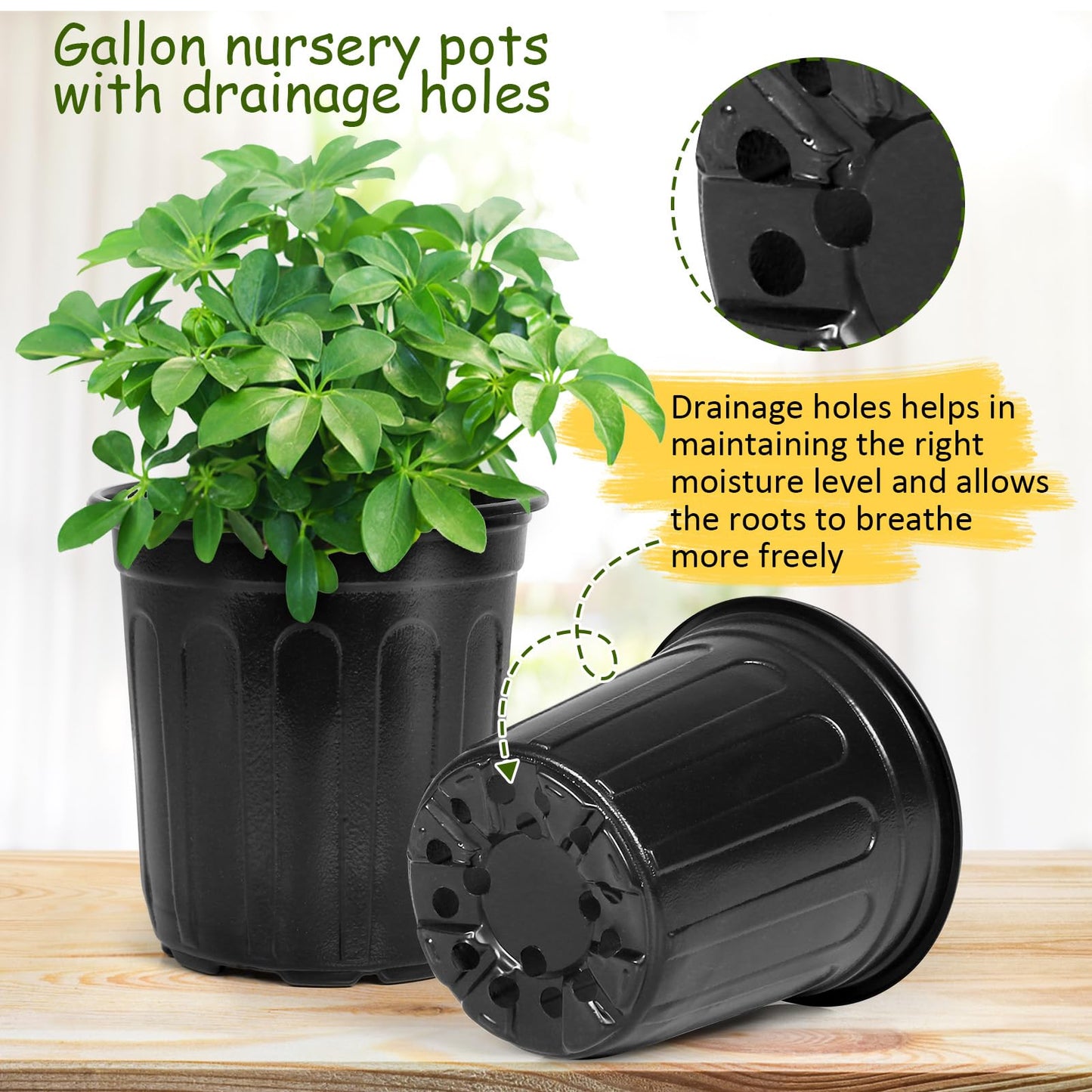OUPSAUI 2/3/5 Gallon Pots for Plants,Flexible Gallon Plastic Nursery Pots with Drainage Holes, Plastic Pots for Outdoor Plants (2Gal-36pcs)