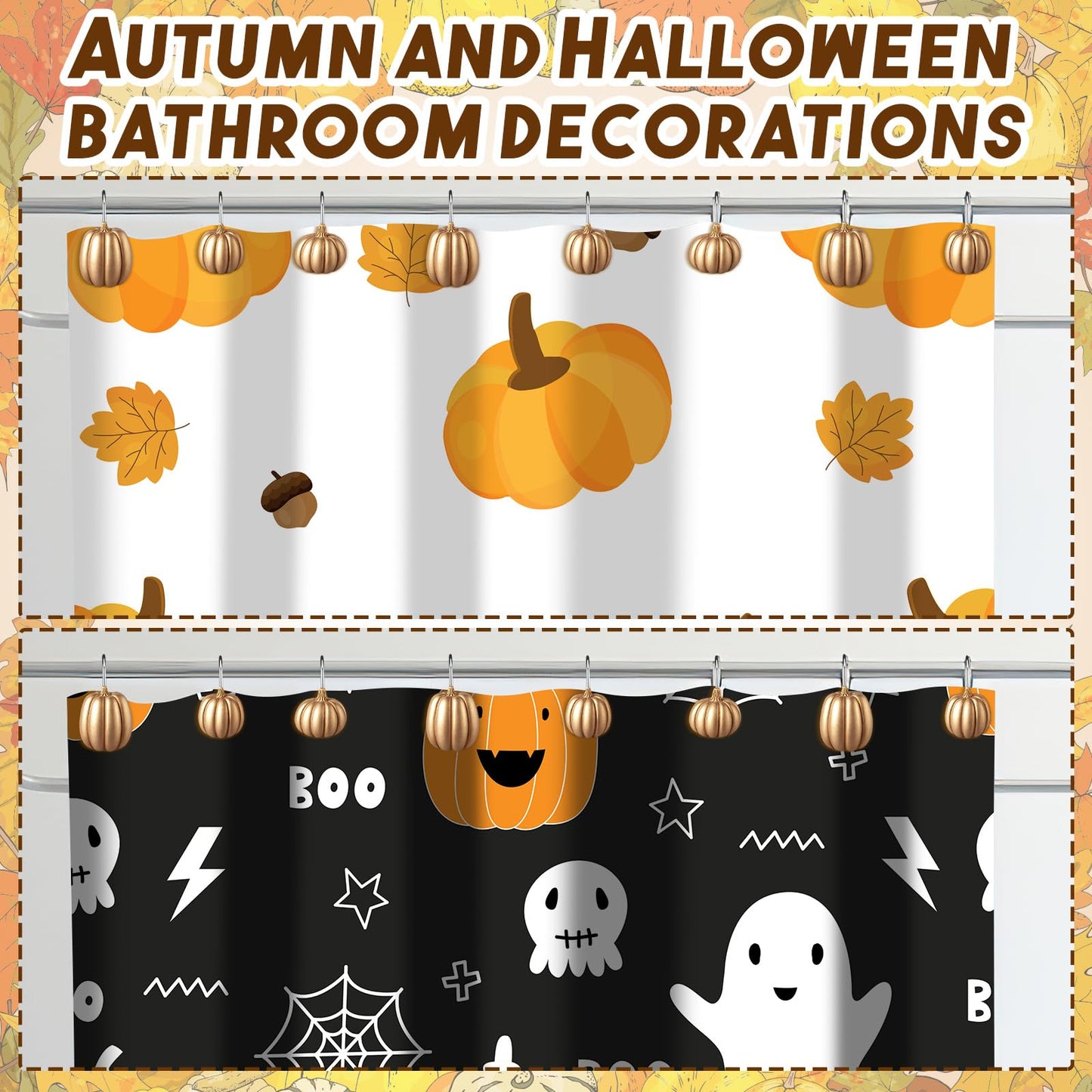 Weysat 12 Pcs Pumpkin Decorative Shower Curtain Hooks Fall Shower Curtain Rings Hanger Stainless Steel Resin Thanksgiving Bathroom Hook for Halloween Farmhouse Rustic Bathroom Decor(Gold,Pumpkin)