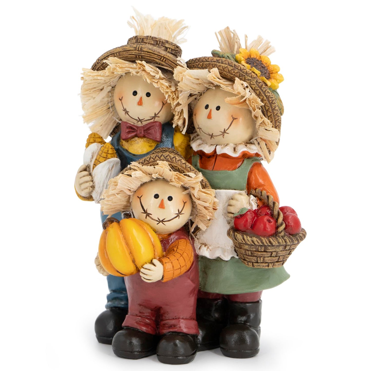 Hodao Thanksgiving Decorations for Table, Resin Fall Thanksgiving Scarecrow Family Figurine with Pumpkin, Corn & Apple Basket, Festive Gift for Autumn Home Decor