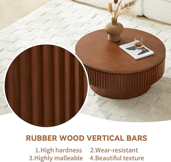 Round Coffee Table for Living Room, Fluted Drum Accent Tea Center Table