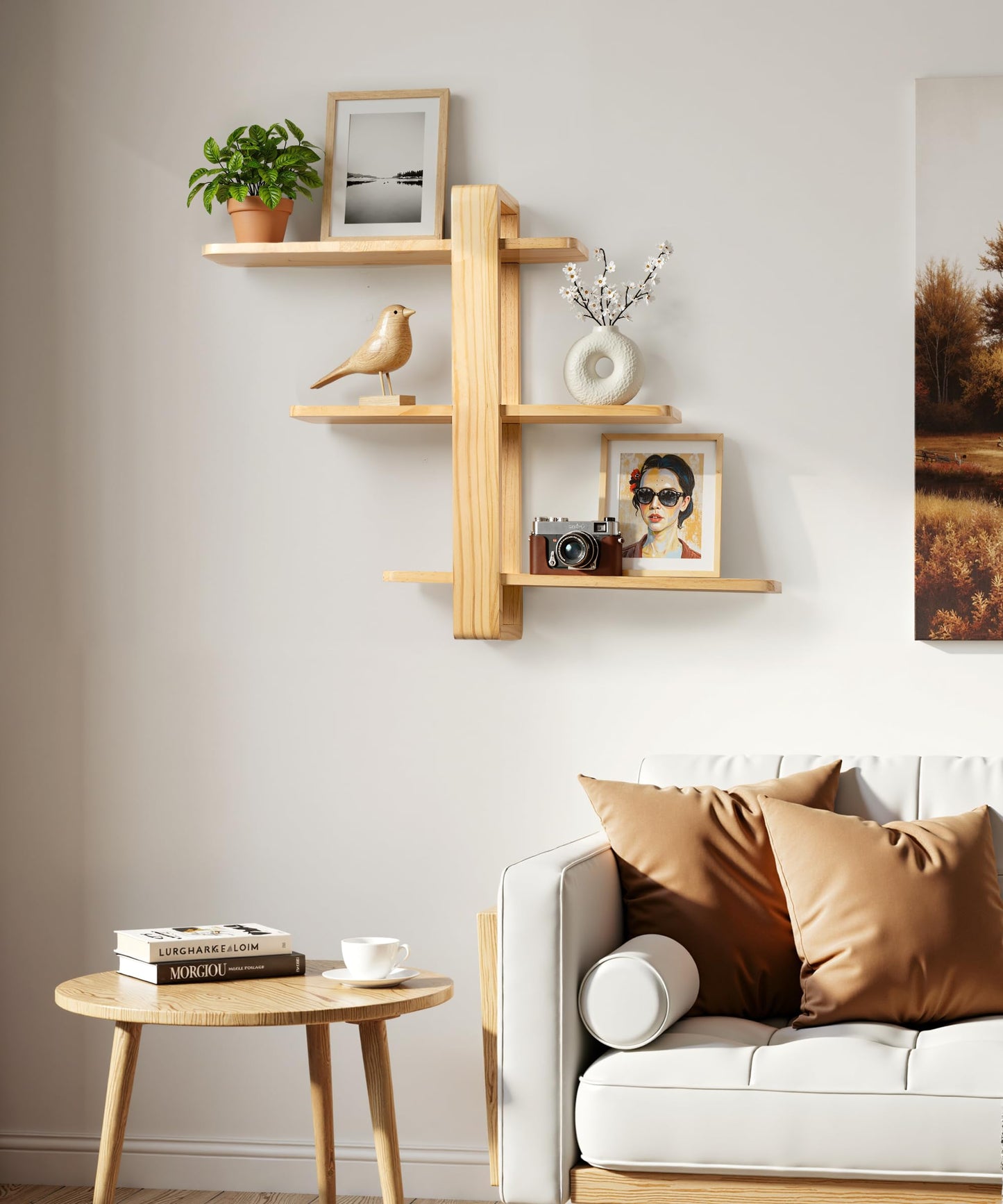 SUMGAR Floating Shelves for Wall Wood Mounted Shelving Unit All Pine Natural Wooden 3 Tier Large Shelf for Bedroom Living Room Office Bathroom Home Decoration Storage Plant Photo Display Modern 20in
