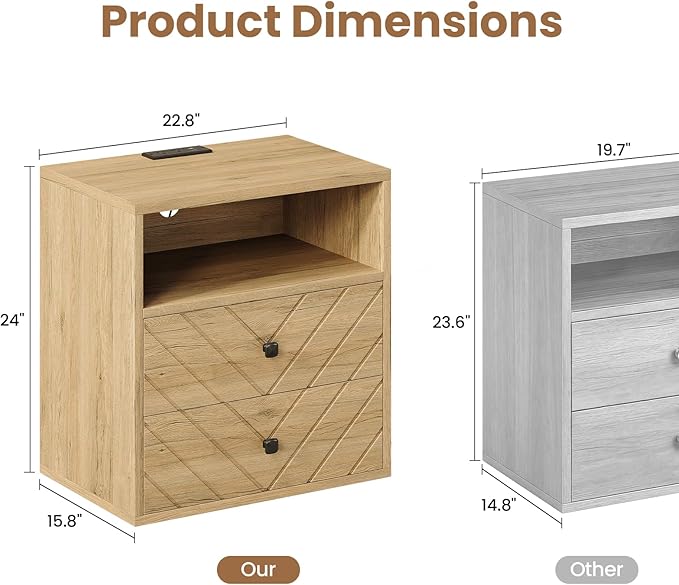 Modern Nightstand with Charging Station, LED Bedside Table with 2 Storage
