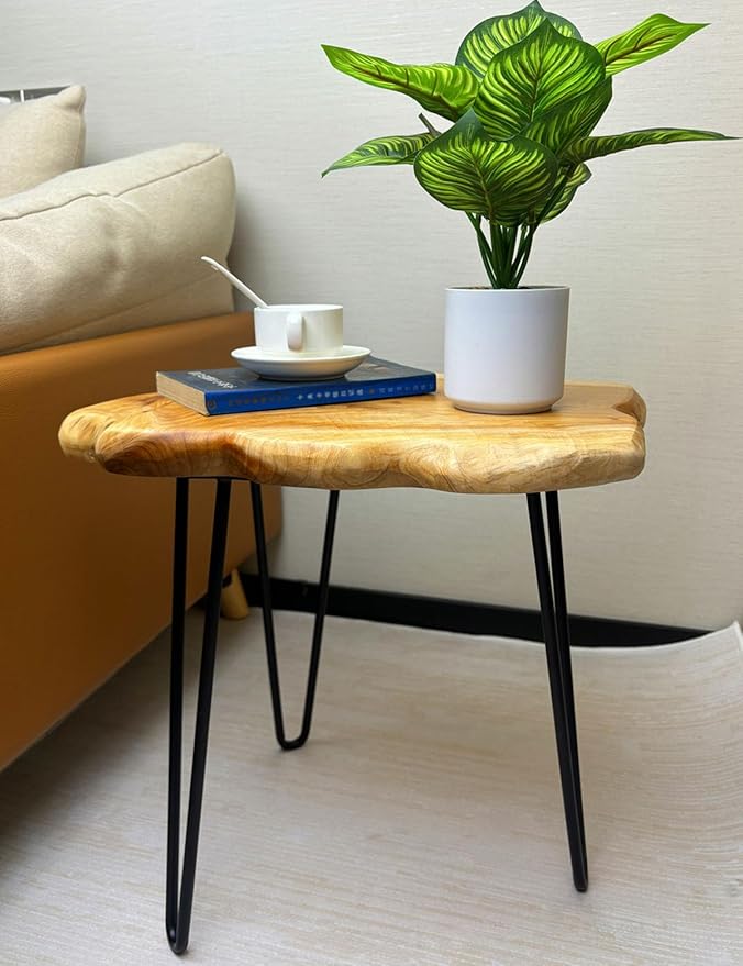 Rustic Solid Wood Live Edge Style End Table, Natural Wood Side Table