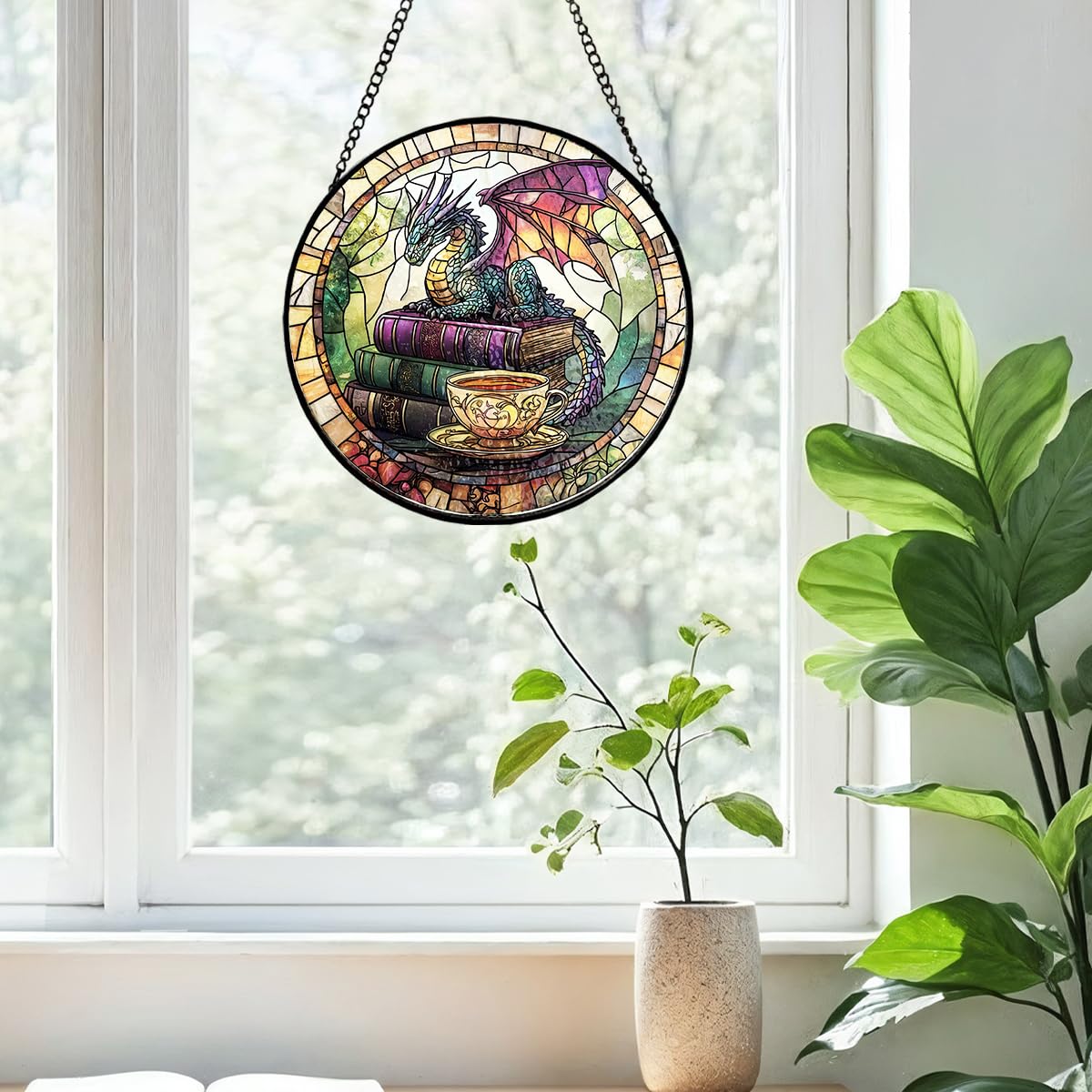 Dragon Decorative Stained Glass Sun Catcher - 7.87 Inch Bookshelf Decoration, Stained Glass Window Hanging Decoration, for Fantasy Lovers, Fantasy Gift for Friends, Family, Classmates