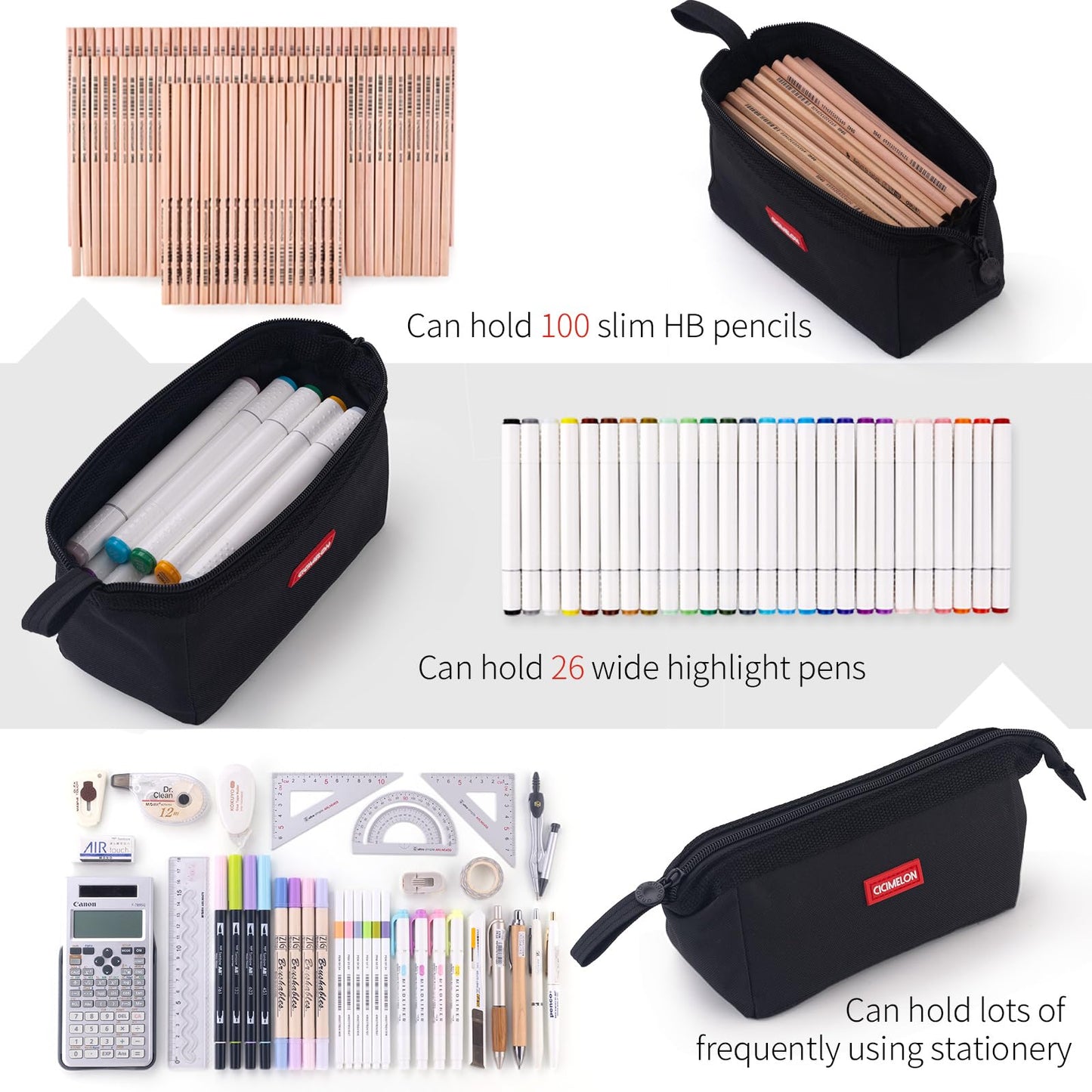 CICIMELON Multifunctional Pencil Pen Marker Case Pouch Bag Holder Small Cute Capacity for High Middle Primary School Student Aesthetic Teen Girl Boy Office Men Women Nurse Adults Portable (Black)