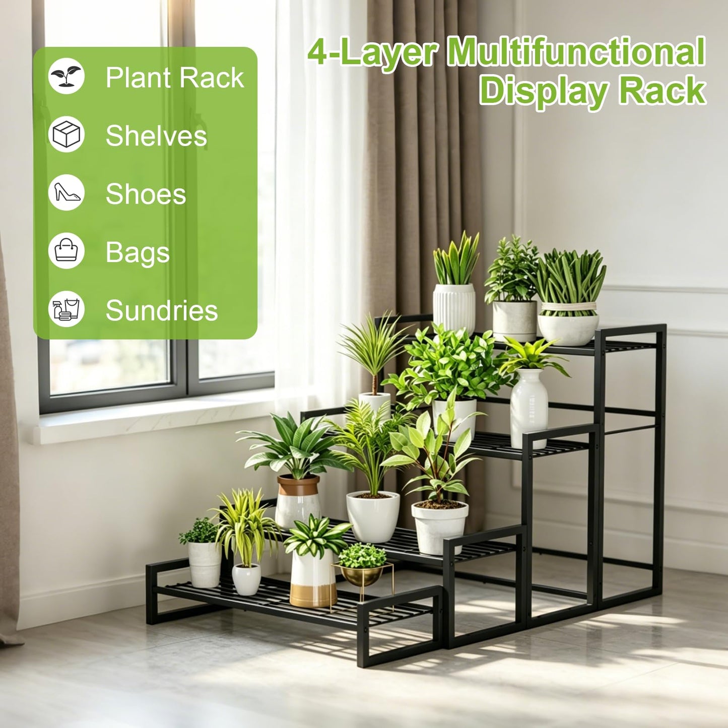 VyGrow Plant Stand, 4 Tier Widened Stackable Tiered Plant Stand, Upgraded Scalable Heavy Duty Tall Plant Shelf for Indoor Outdoor, Garden, Display Shelves, Flower Pot Holder, Black