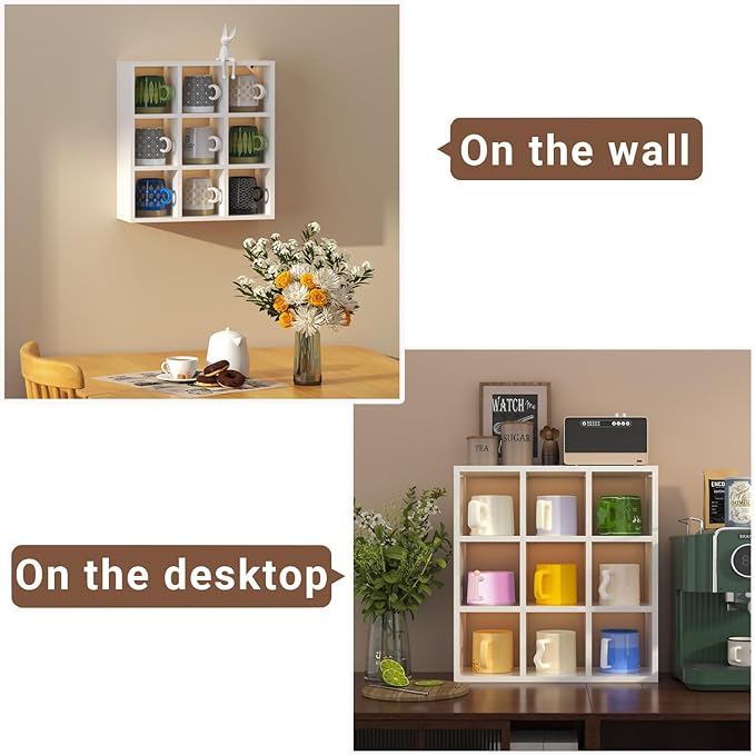 Helsin 9 Grid Vintage Coffee Mug Display Rack, 16inch Wall Mounted Wooden Curio