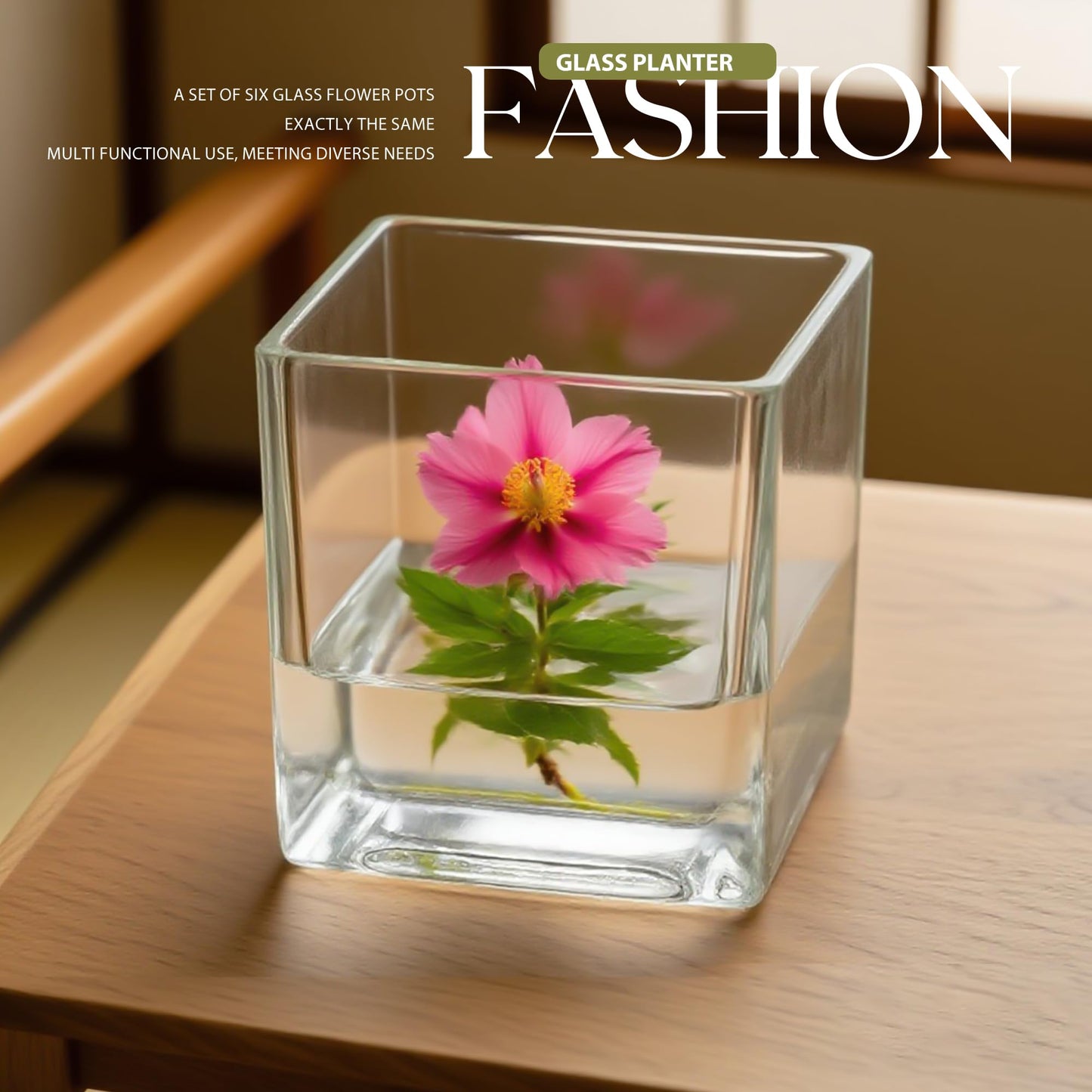 Set of 6 Square Glass Vases for Centerpieces – 4" x 4" x 4" Clear Short Vases, Flower Vase, Plant Terrariums, or Candle Holders for Wedding Centerpieces, Office Decor, Home Décor, Parties
