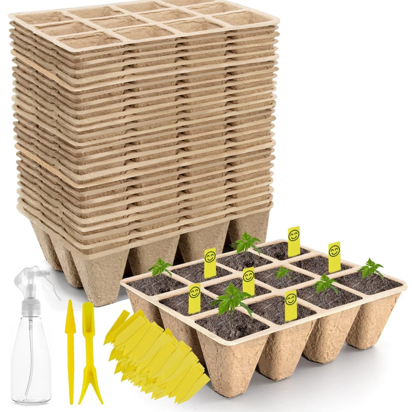 SYITCUN 480 Cells Seed Starter Tray, 40 Pack Biodegradable Seed Starter Kit, Peat Pots for Seedlings with 400 Plant Labels, 2 Seed Planting Tool and 1 Spray Bottle