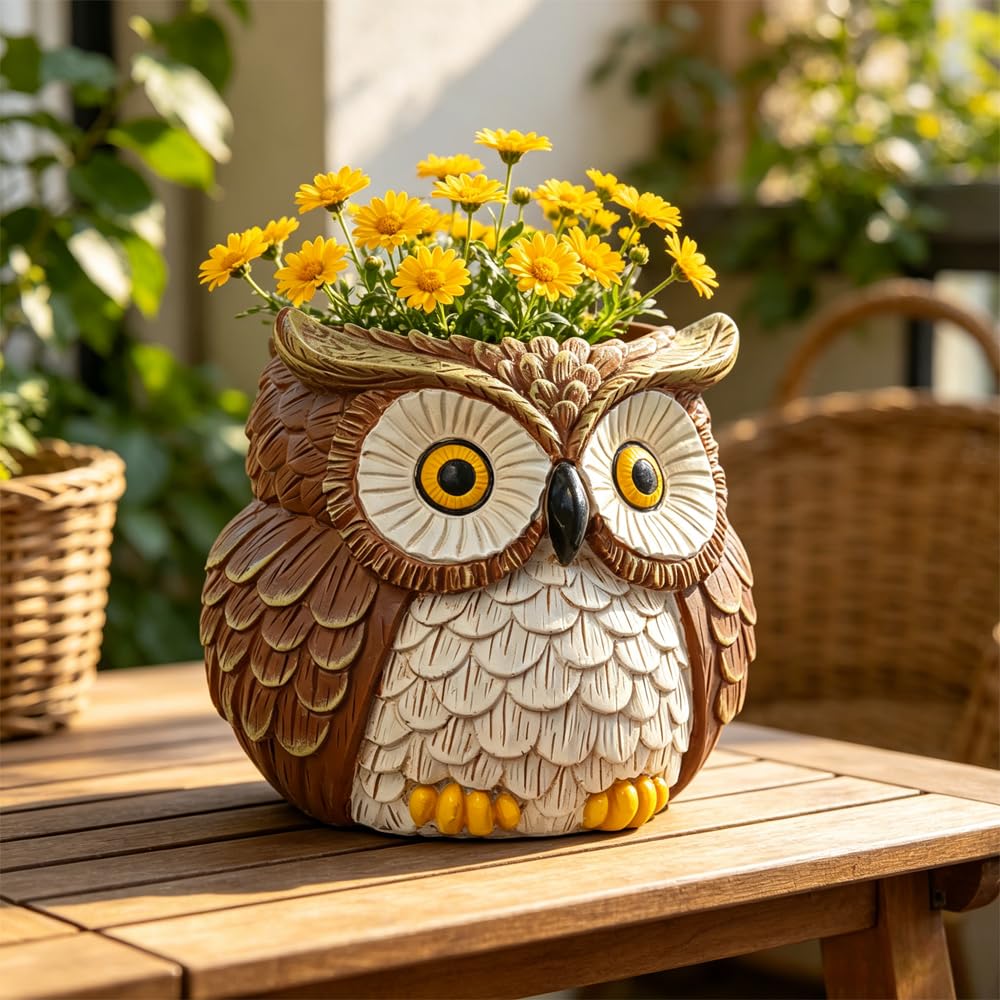 Hand Painted Owl Planter, Owl Plant Pots with Drainage, Garden Succulent Flower Pot for Small Plants, Forest Bird Figurines Home office Decor for Desk Table shelf Patio, Gift for Women Plant Lovers