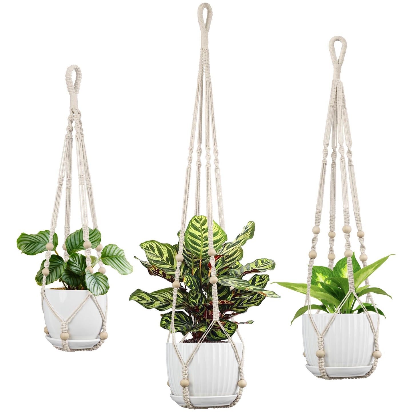 IDEEEPAN Macrame Plant Hanger - Fits 4 to 15 inches Pots for Indoor Outdoor, 43"/35"/29" Different Sizes Set, Ivory (POTS NOT Included)