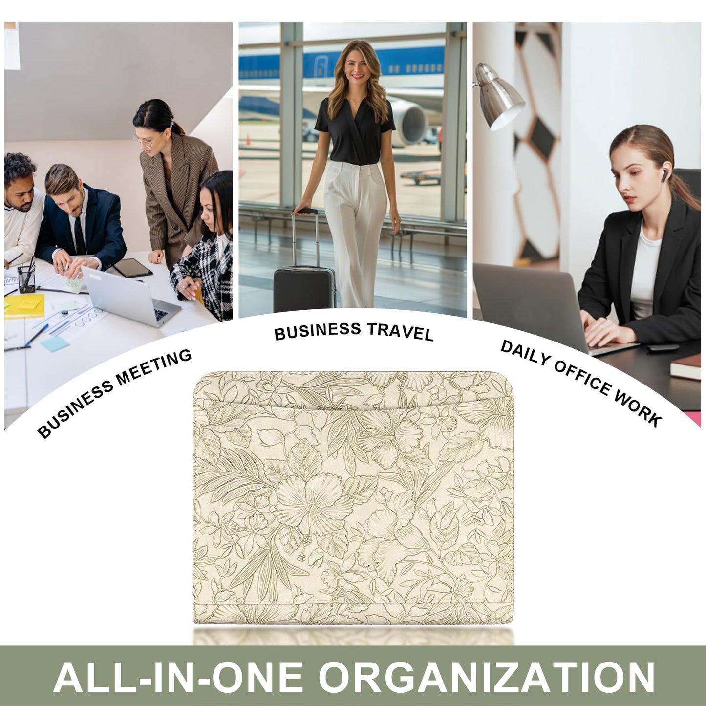 Leathario Portfolio Binder, Includes 5 Folder Index Dividers and 3 Notepads, 3-Ring Folder Organizer, Padfolio with Zipper, Vegan Leather Tablet Sleeve, Business Office Conference Clipboards