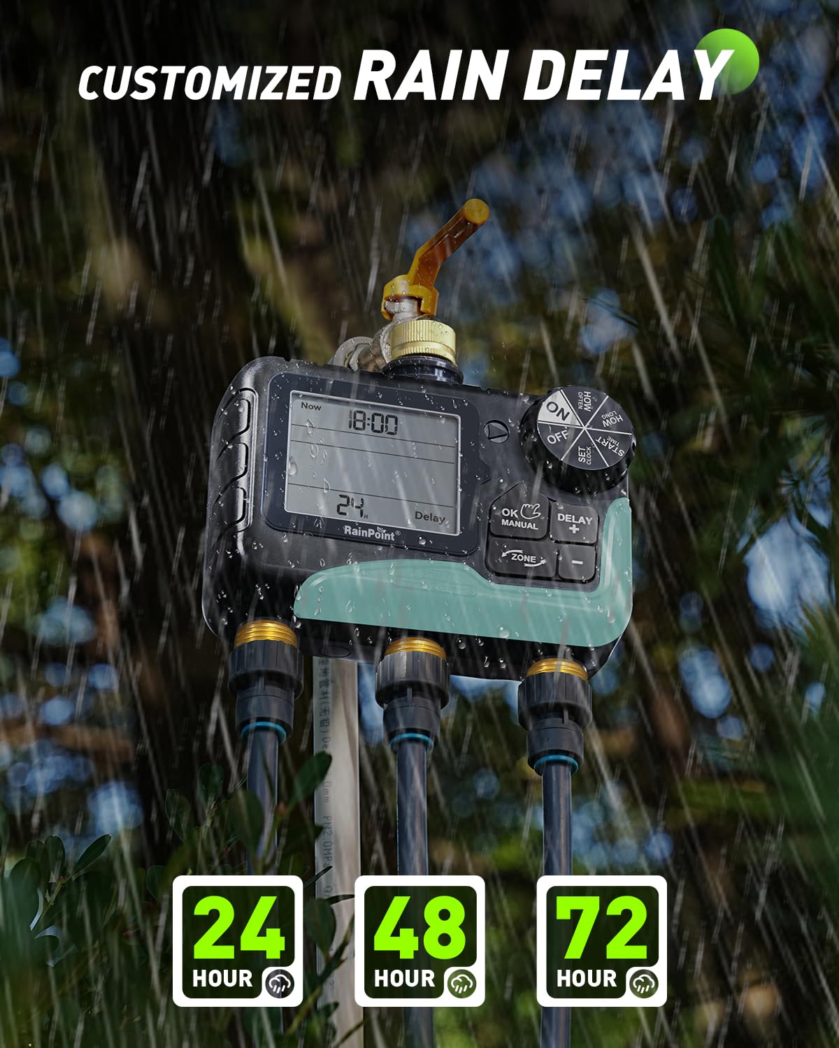 RAINPOINT 3 Zone Water Timer with Brass Inlet & Outlet, 3 Custom Watering Plans Sprinkler Timer, Featuring IP65 Waterproof,Rain Delay, Manual & Automatic Watering with Large LCD for Yard, 2026 Ver.