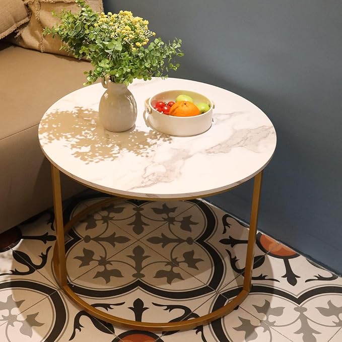aboxoo Coffee Table Nesting White Set of 2 Side Set Golden Frame Circular Round
