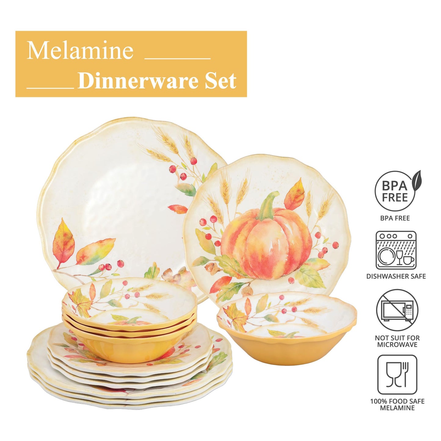UPware 12 Piece Pumpkin Melamine Dinnerware Sets, Outdoor Dishes Set, Plates and Bowls Sets, Autumn Thanksgiving Decorations, Service for 4, Orange